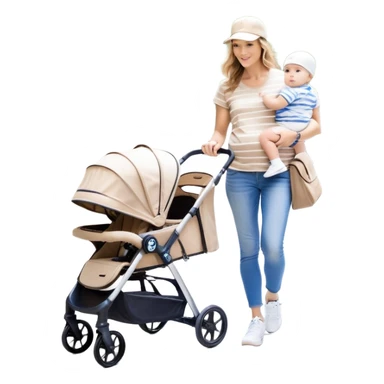 A mom with a brown stroller, a coffee cup attached to it. Inside, a 6-month-old baby boy with light brown hair and blue eyes. The mom is wearing a beige T-shirt and a matching beige cap. The baby is dressed in white sneakers, a white and blue striped T-shirt, and jeans sticker
