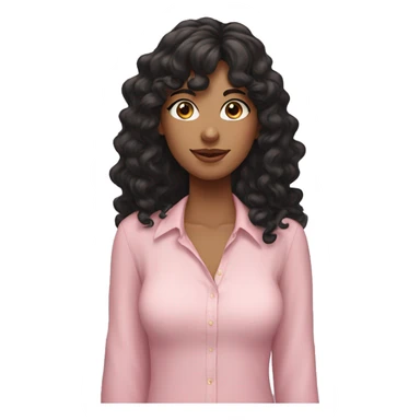 woman with long black curly hair and bangs and dark brown eyes, wearing a pastel pink blouse sticker