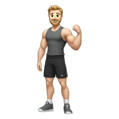 Full height Actively gesturing with hands Pale skinned Fit Man With the biceps and brown hair in dark gray Sleeveless Mike, black oversize sports shorts, watch and white Sneakers sticker