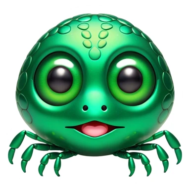 Cinematic Cute Green Bugdie Portrait Emoji, Head tilted playfully and inquisitively, featuring a glossy, vibrant emerald exoskeleton with intricate patterns, round, sparkling multifaceted eyes filled with curiosity, Simplified yet irresistibly adorable features, highly detailed, glowing with a warm, friendly glow, high shine, affectionate and lively, stylized with a touch of whimsy, bright and endearing, soft glowing outline, capturing the essence of a mischievous yet charming bug, so playful it feels like it could buzz out of the screen and into your arms! sticker