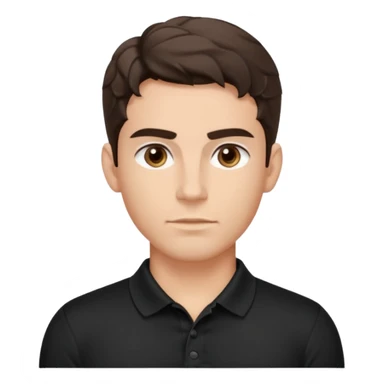 He’s a man with light to medium skin, a defined oval face, full brows, deep-set eyes, and wavy short dark brown tall hair styled with height, sides are trimmed. muscular. expression calm and focused relaxed black polo shirt. polished, articulate, and coach vibe. sticker