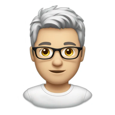 young white European guy with a white polo and black hairs and metal glasses sticker