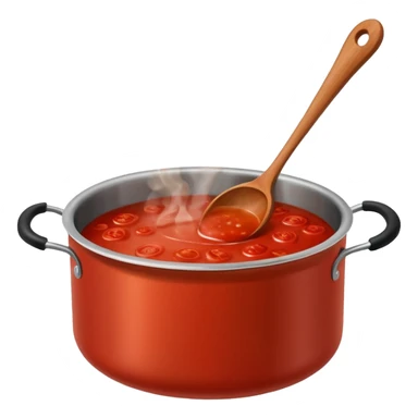 Big cauldron of tomato sauce being cooked in a tall stainless steel pot with a massive wooden spoon   sticker