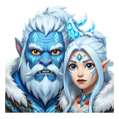 Legendary fantasy orc Christmas portrait icon, Frostfather and Snow Maiden inspired, primal winter god style, massive icy beard, glowing blue eyes, heavy fur coat, tribal frost runes, powerful brutal presence, blizzard atmosphere, clean stylized emoji icon
 sticker
