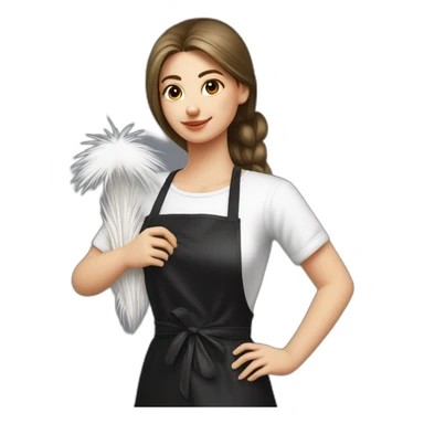 Slavic girl in a white T-shirt and a black apron holds ostrich feathers for dusting sticker