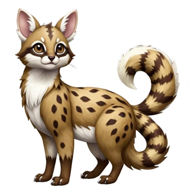 Colorful dark realistic chocolate-brown tropical beige fur glorious divine exotic cute cool beautiful shiny beautiful fantasy-Furret-Eevee-caracal-civet-genet-sergal-vernid-Cacomistle-oncilla-animal-Fakémon-hybrid-fursona with white deer-spots pattern markings (full body) sticker