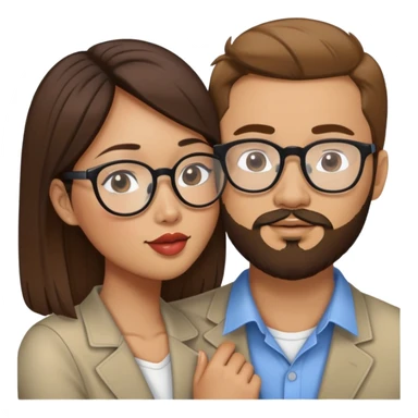 Asian American woman kissing a white guy with brown hair and the white guy has beard stubble and white guy has glasses and Asian American woman does not have glasses sticker