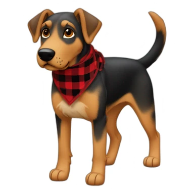 adult 75% Coonhound 25% German Shepherd mix dog with visible tail wearing small pointed red buffalo plaid bandana full body walking left quickly sticker