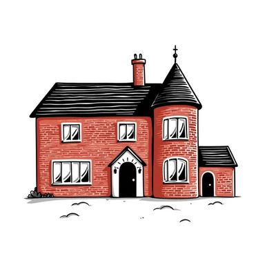 large English country house in red brick with a tower sticker