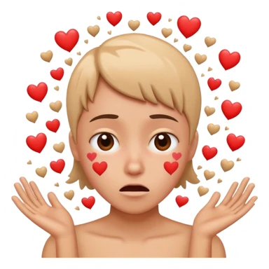 person overwhelmed by a shower of hearts, slightly anxious expression, symbolizing love bombing emoji sticker