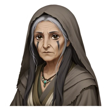 Mirri Maz Duur is a weathered, old Lhazareen woman with deep-set dark eyes, high cheekbones, and a sharp nose, giving her a stern, knowing expression. Her long, unkempt dark hair streaked with gray falls loosely over her shoulders, and her earth-toned, tattered robes mark her as a humble healer. Despite her frail appearance, she exudes an aura of mystery and menace, her hands stained with herbs and blood from both healing and dark sorcery. sticker
