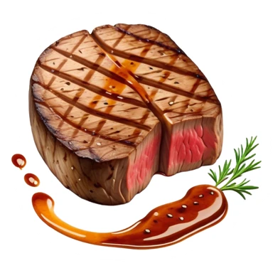 Cinematic thick-cut scotch fillet steak, perfectly seared with grill marks, a grilled center, rich and savory, warm glow, sizzling and mouthwatering, highly detailed and appetizing. sticker
