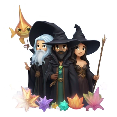A group of 5 friends, consisting of a female witch, a female wizard, a male merman, a female fairy, and a female siren sticker