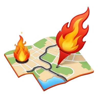 A map location pin marker on fire with flames coming out the top sticker