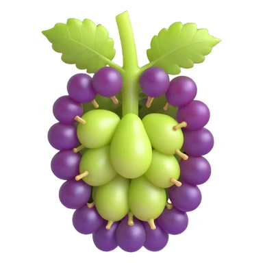 3D emoji style illustration of a grape cross-section showing purple skin, light green flesh, seeds, and stem, with each part distinctly separated in a three-dimensional manner, no background sticker
