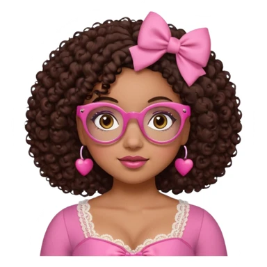 medium skinned afro-latina girl with medium length chocolate brown side part curly hair, brown eyes, pink sweetheart necklined top with lace, round wide-ish nose, chubby long shaped face, pink bow, brown glasses sticker