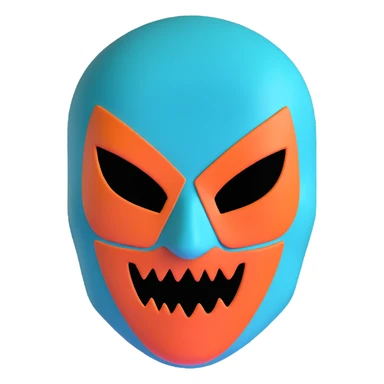 teal and orange ski mask with evil expression sticker