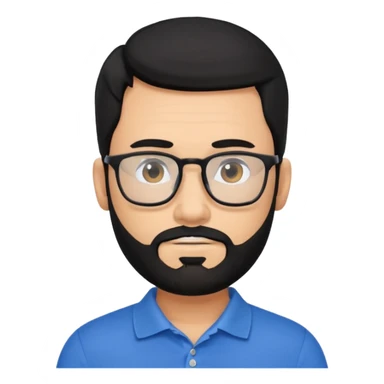 A tanned bearded man with black hair wearing glasses and a blue polo sticker
