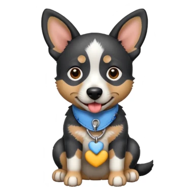 black, grey, and white blue heeler dog, emoji style, sitting, tongue out, cute and approachable sticker