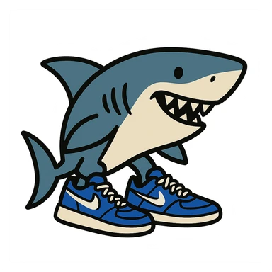 flat toon style shark wearing blue Nike sneakers, bold colors sticker