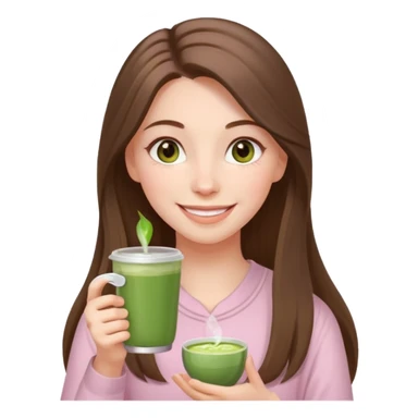 happy white long brunette hair girl with hazel eyes wearing light pink who is holding matcha sticker