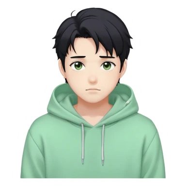 Gorgeous pastel green sweater black hair anime style shojo guy with blushing face and, hoodie, aesthetic, young adult, trending style, outside, vedal987 sticker
