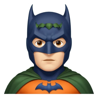 generate a batman emoji with just the face and neck showing and part of the cloak and and wings. Shade the bat logo on the chest in a medium green with a slight olive touch. Shade the mask in dark navy blue. Shade the cloak in a solid vibrant orange.

 sticker