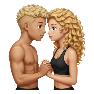 athletic man, high top fade, blonde curly hair only top only, no shirt and Athletic girl with long light RED wavy long hair and black sports, Put them together kissing, or holding hands give the girl red hair  sticker