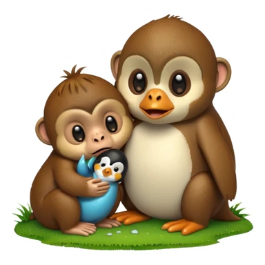 A monkey melting and crying while having a penguin on its head and both of them are touching grass sticker