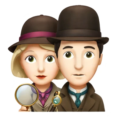 A vibrant, colorful collage featuring iconic characters like Sherlock Holmes with his magnifying glass, Miss Marple with a calm expression, and Pinkerton. The design should evoke mystery and intrigue, with elements like clues, shadows, and old-fashioned detective tools. Transparent background. sticker