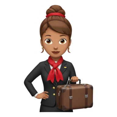 flight attendant, Light Brown skin, brown hair in single bun, neck scarf, suitcase sticker