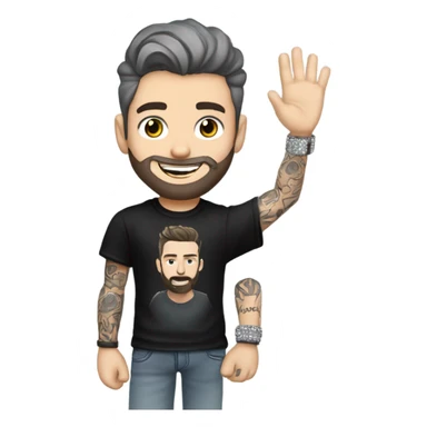 Younger white male with dark brown hair with grey highlights, a beard, and tattoos. He is wearing a diamond coated white gold necklace and a black punk band t-shirt while waving hello sticker