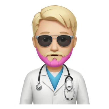 White tesla model 3 and one cool physician with blond hair, beard, stetoscope and dark sunglasses next to it sticker