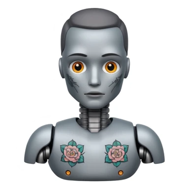 gray Tatooed robot, big many tatooes on chest, neck and face sticker