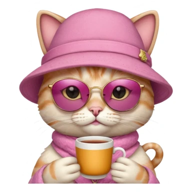 Pink cat with hat, holding cup of tea, wearing sunglasses sticker