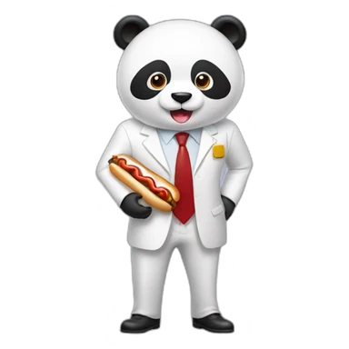 A professor with white suit and red tie and a panda face eating a hotdog and holding a black suitcase sticker