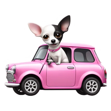 Black and white Chihuahua driving pink mini cooper sticker