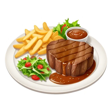 big juicy australian steak meal featuring chips, small salad in a ramikan and gravy in a small bowl on the plate sticker