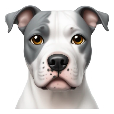White staffordshire terrier with grey patch on left ear and right eye sticker