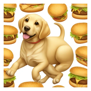 Cute golden Labrador puppy with a big burger sticker