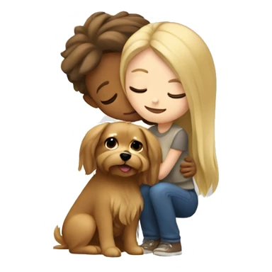 A blonde girl hugging a small Yorkshire dog with brown long hair  sticker