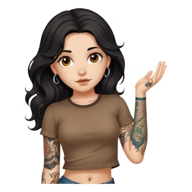 A girl with fair skin and a little fat - long black hair with big waves - tattoos on her upper arms - wearing a brown navel-revealing short-sleeved shirt sticker