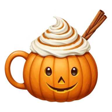 Round pumpkin-shaped mug with whipped cream swirl and one cinnamon stick, warm orange and cream tones. sticker