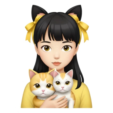 A fair-skinned Asian girl with  bangs and black ponytail hair holding a yellow and withe cat sticker