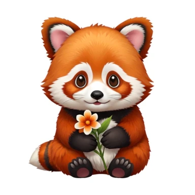 A red panda holding a small flower, cute and simple sticker