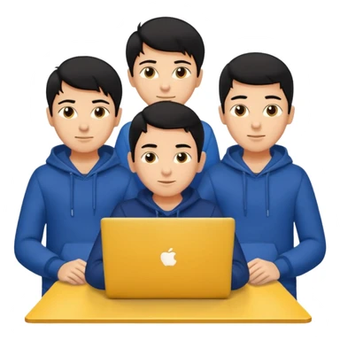 technologist using laptop coding with 2 other technologist color yellow three of it is boy  that using 3 laptop the hair is black and the cloth is dark blue sticker