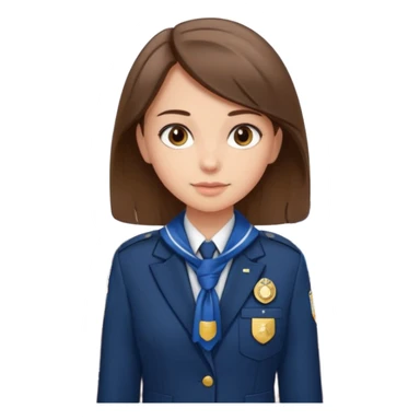 Young girl, straight hair, wearing uniform jacket with hotel name badge, tasteful scarf, stand behind the desk sticker