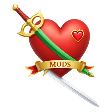 a red heart pierced by a green sword, with the golden text 'MODS' on a white ribbon sticker