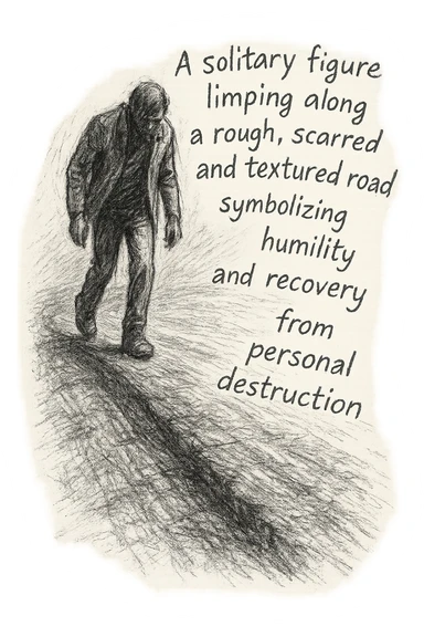 black and white pencil sketch of a solitary figure limping along a rough, scarred, and textured road symbolizing humility and recovery from personal destruction, dramatic lighting, poem text integrated into the sketch flowing along the road or around the figure in a handwritten or sketched style, no background sticker
