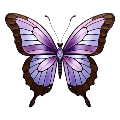 a stunningly detailed butterfly with lilac and ice-purple wings, adorned with an elegant mosaic-like pattern resembling stained glass. The wings should display a harmonious blend of swirling and geometric designs, giving them a mystical and artistic feel. The butterfly should have a graceful, elongated body with a subtle metallic sheen, enhancing its enchanting presence. sticker